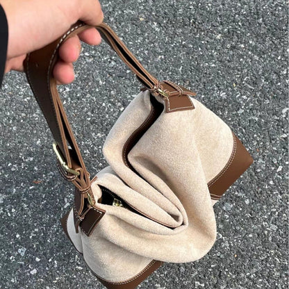 Large capacity suede hobo bag, female contrasting shoulder bag, shoulder bag, slouchy bag - -