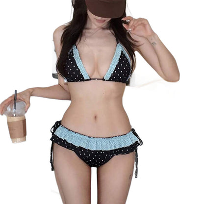 Sexy Bikini Two Piece Set Polka Dot Contrast Color Ruffled Splicing Swimsuit for Women - -