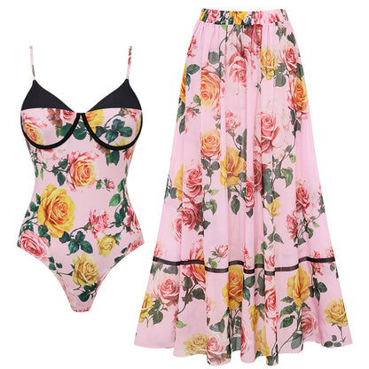 Swimsuit Pink Floral Sweet Seaside Vacation Swimsuit Set Women - Sling Hard Bag Set -