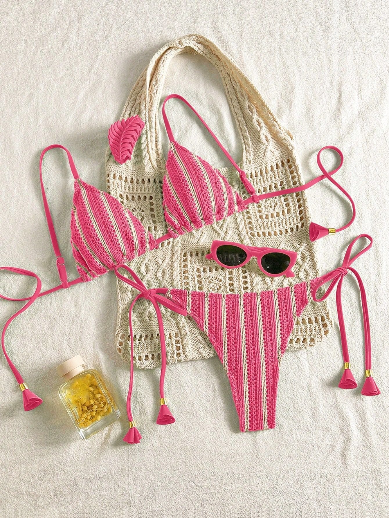 Bikini Set Special Multi color Double Strap Swimsuit Women's Bathing Suit - rose red -