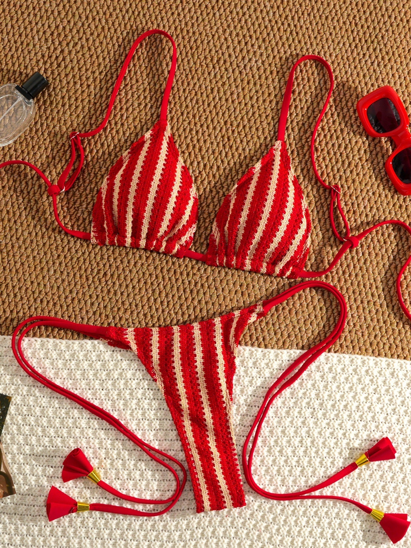 Bikini Set Special Multi color Double Strap Swimsuit Women's Bathing Suit - red -