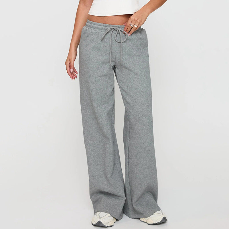 Women Wear Autumn Casual Loose Drawstring Tight Waist Solid Color Trousers - Gray -