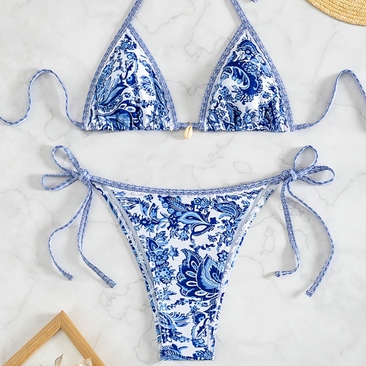 Printed Two-Piece Bikini Set with Adjustable Straps Women's Swimsuit - -
