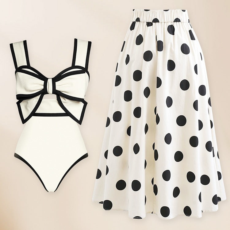 Sexy Swimsuit Women Conservative Cover Belly Lace up Swimsuit Spring Chiffon Beach Skirt Set Swimsuit - White Suit - Skirts