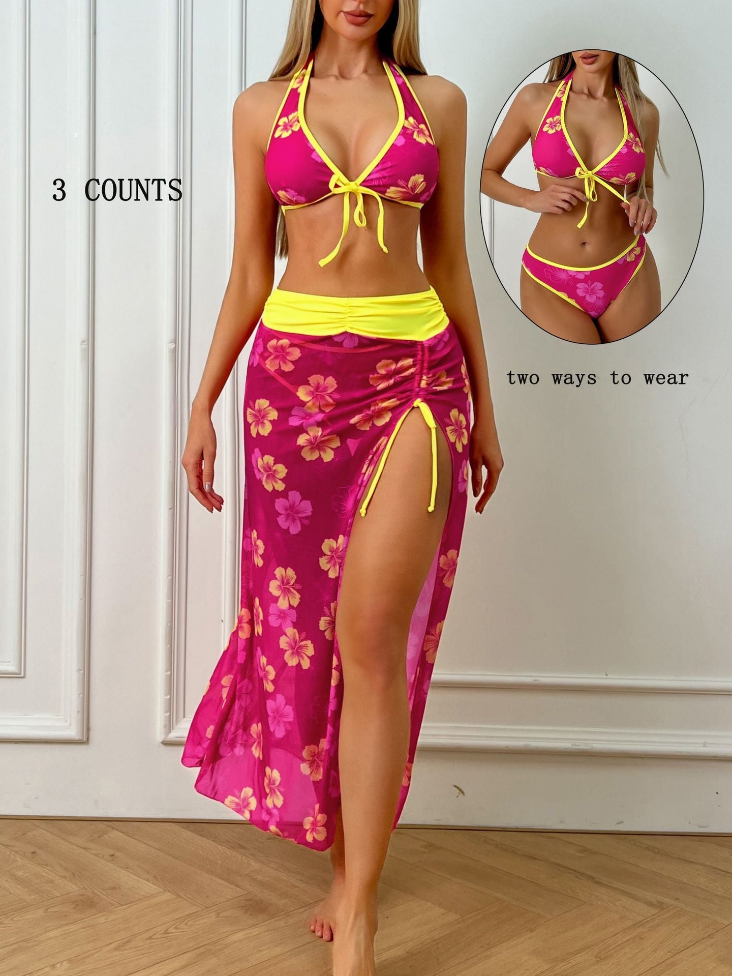 Sexy Halter Lace up Backless Floral Overskirt Three Piece Bikini Swimsuit - Multi -