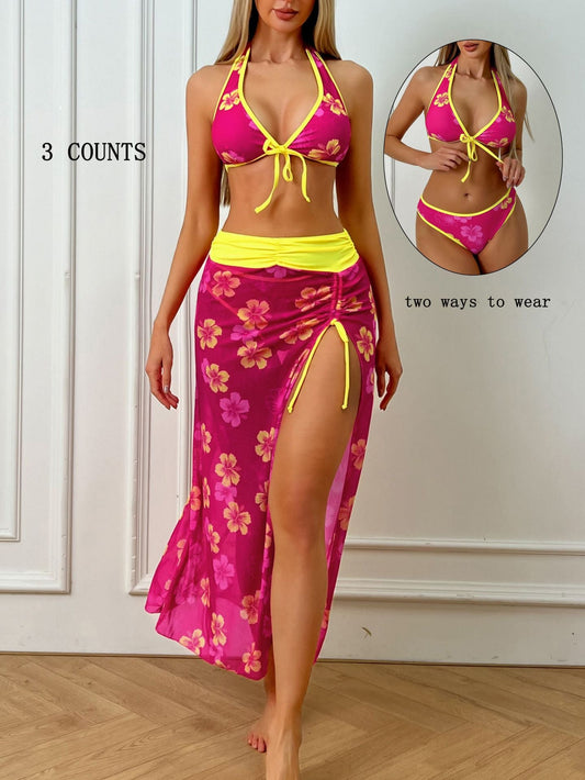 Sexy Halter Lace up Backless Floral Overskirt Three Piece Bikini Swimsuit - Multi -