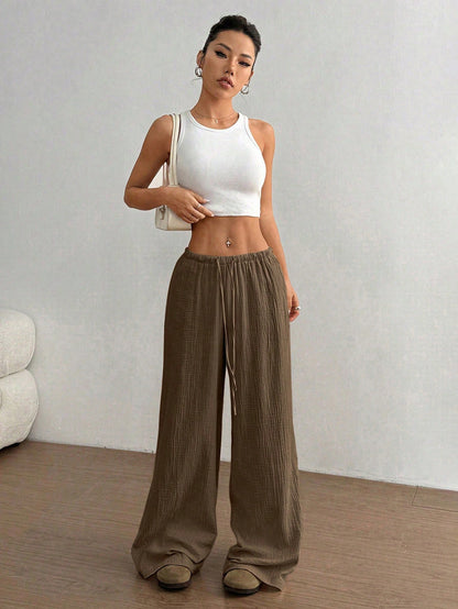 Pure Cotton Casual Solid Color Loose Wide Leg Draggle Tail Trousers - Khaki -