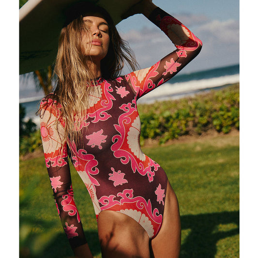 Printed Long Sleeve Zipper Surfing One Piece Swimsuit - - Swimwear