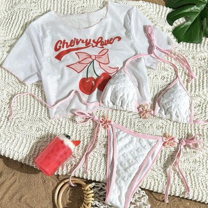 Women's Swimsuit Short Sleeve Cover Up Three Piece Bikini Fixed Print Drawstring Swimwear - -