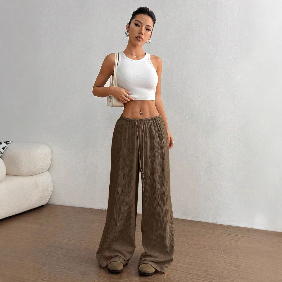 Pure Cotton Casual Solid Color Loose Wide Leg Draggle Tail Trousers - -