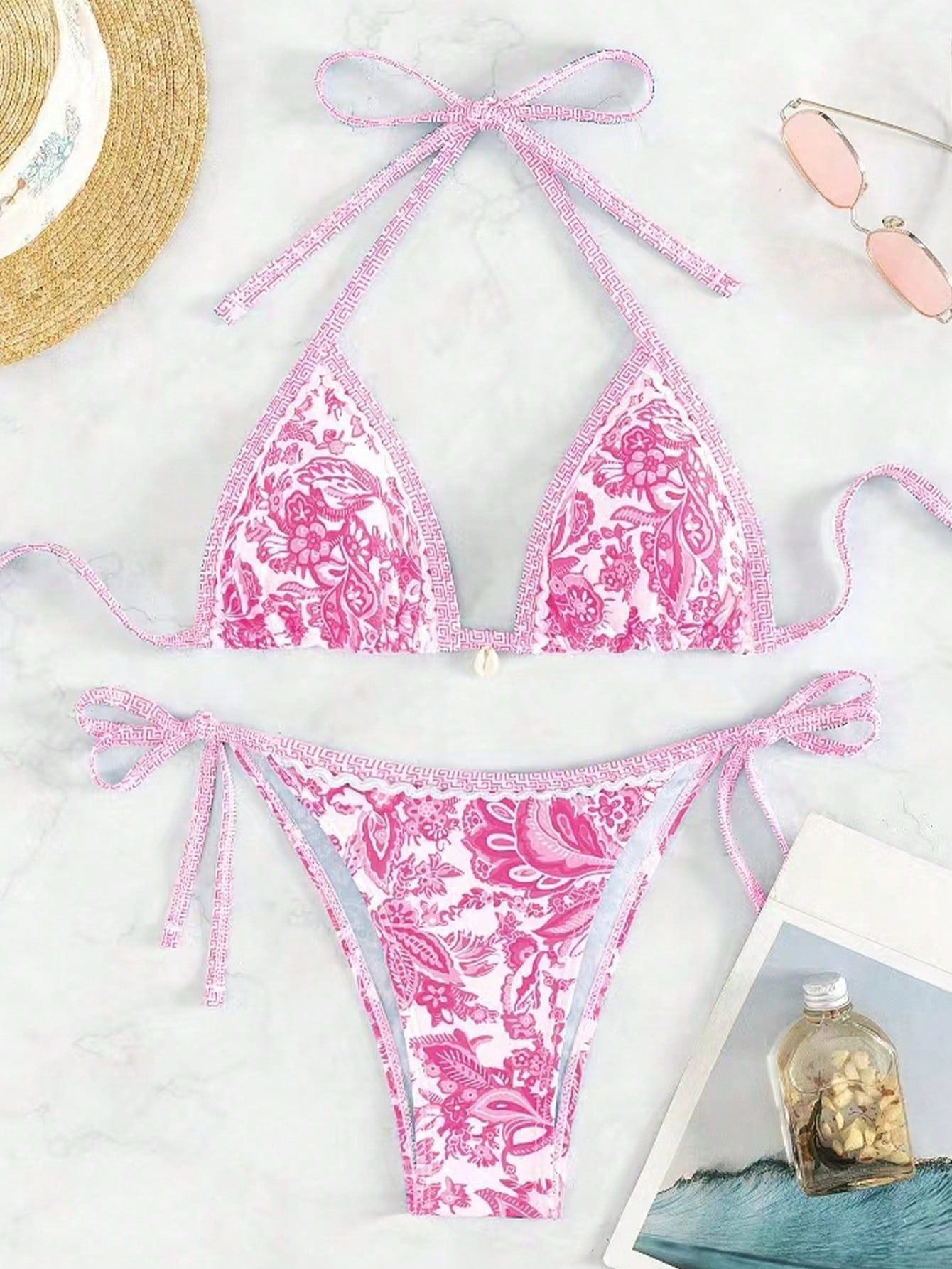 Printed Two-Piece Bikini Set with Adjustable Straps Women's Swimsuit - red -