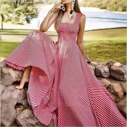 Summer Fashion Striped Tank Dress – Flared Tie-Waist Midi - red -