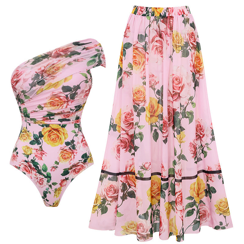 Swimsuit Pink Floral Sweet Seaside Vacation Swimsuit Set Women - One-Shoulder Suit -