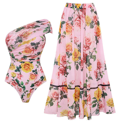 Swimsuit Pink Floral Sweet Seaside Vacation Swimsuit Set Women - One-Shoulder Suit -