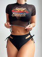 Women's Short Sleeve Two Piece Bikini Swimsuit Set - black -