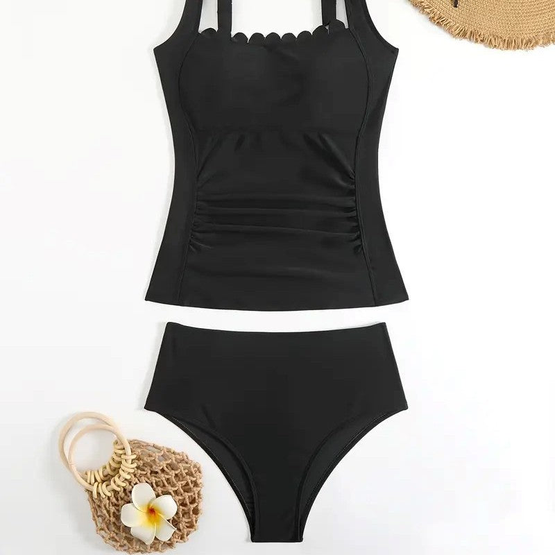 Black Two-Piece Tummy Control Slimming Chest Ruffled Straps Women's Swimsuit Bathing Suit - -