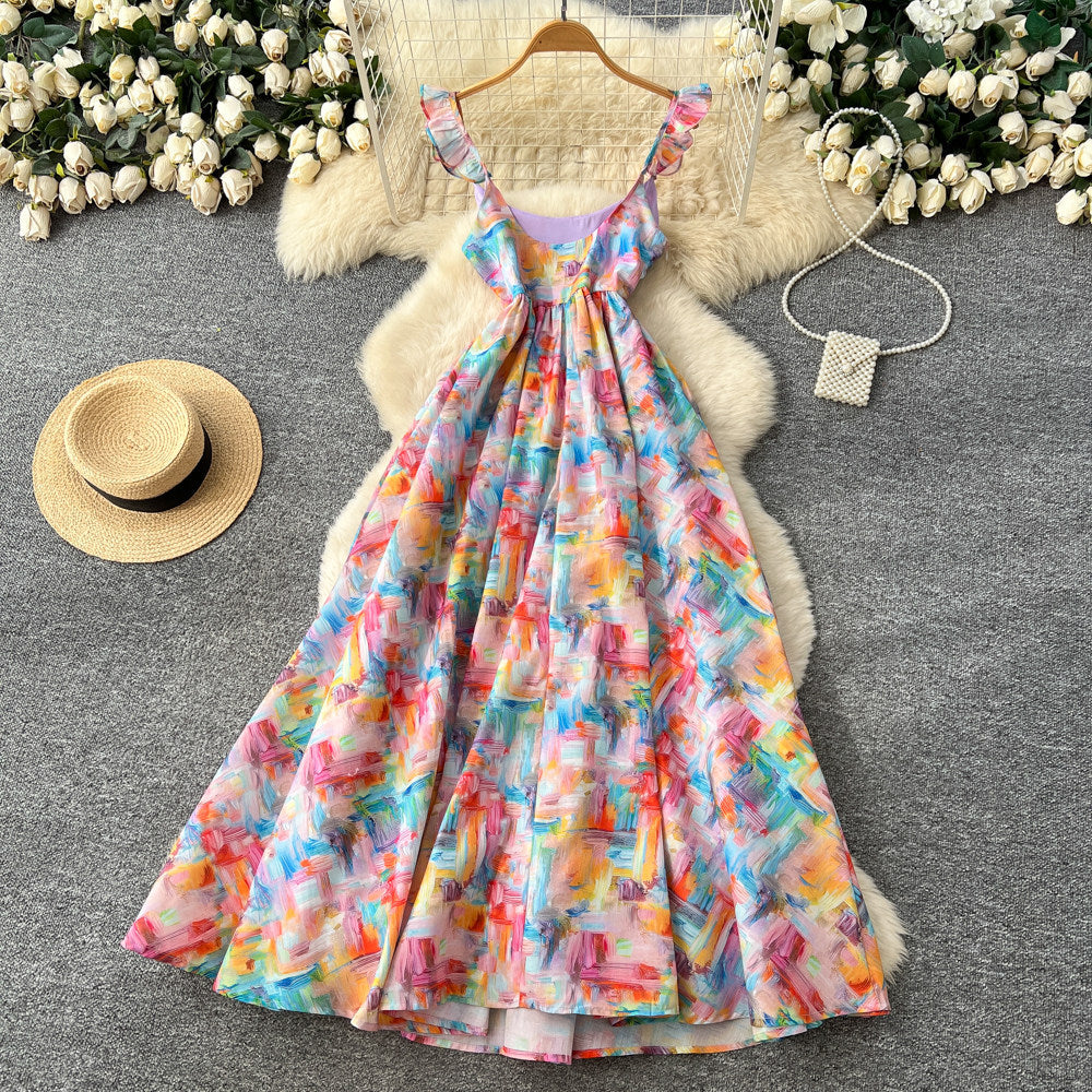 Floral Print Dress – V-Neck Adjustable Strap Midi, Spring-Summer Beach Vacation Sundress - -
