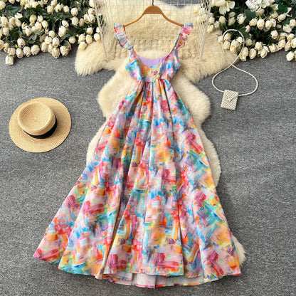 Floral Print Dress – V-Neck Adjustable Strap Midi, Spring-Summer Beach Vacation Sundress - -