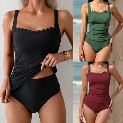 Black Two-Piece Tummy Control Slimming Chest Ruffled Straps Women's Swimsuit Bathing Suit - -
