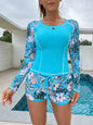 Women's Sun Protection Diving Suit Printed Boxer Long Sleeve Swimsuit UV Protection Swimwear - lake blue -