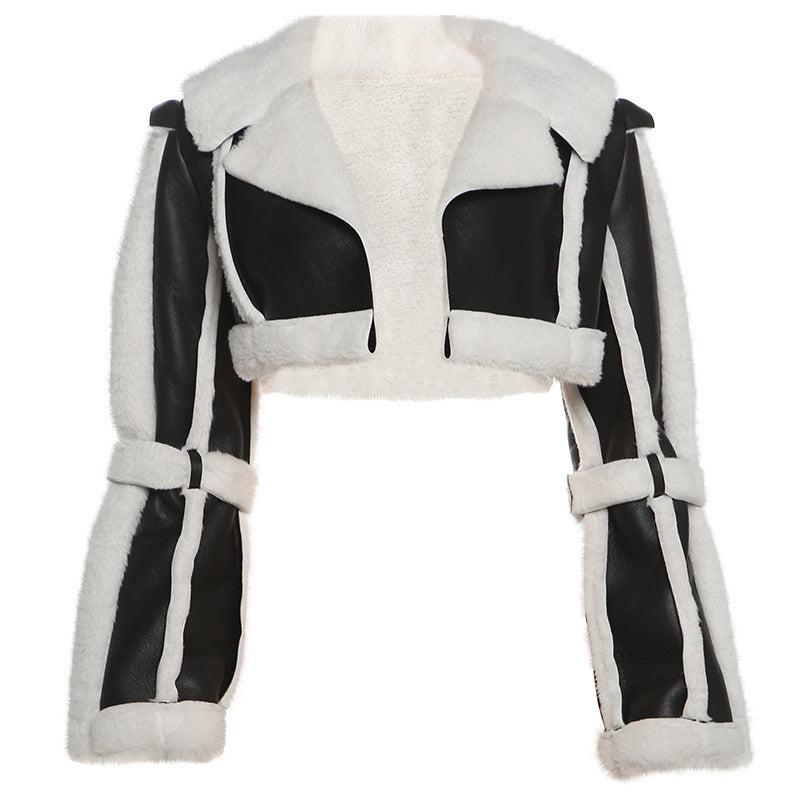 Women Clothing Street Faux Leather Stitching Short Fur Collar Cropped Coat - Black - Jackets