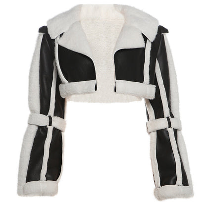 Women Clothing Street Faux Leather Stitching Short Fur Collar Cropped Coat - Black - Jackets