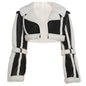 Women Clothing Street Faux Leather Stitching Short Fur Collar Cropped Coat - Black - Jackets