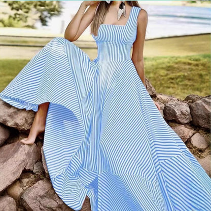 Summer Fashion Striped Tank Dress – Flared Tie-Waist Midi - sky blue -