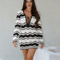 Holiday Dress Long Sleeve Striped Sheath Short Dress Deep V Plunge neck Lace up Beach Dress for Women - White -