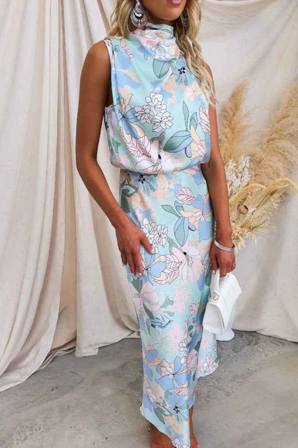 Sleeveless Strap Dress Slim Dress Satin Printing Temperament - blue -