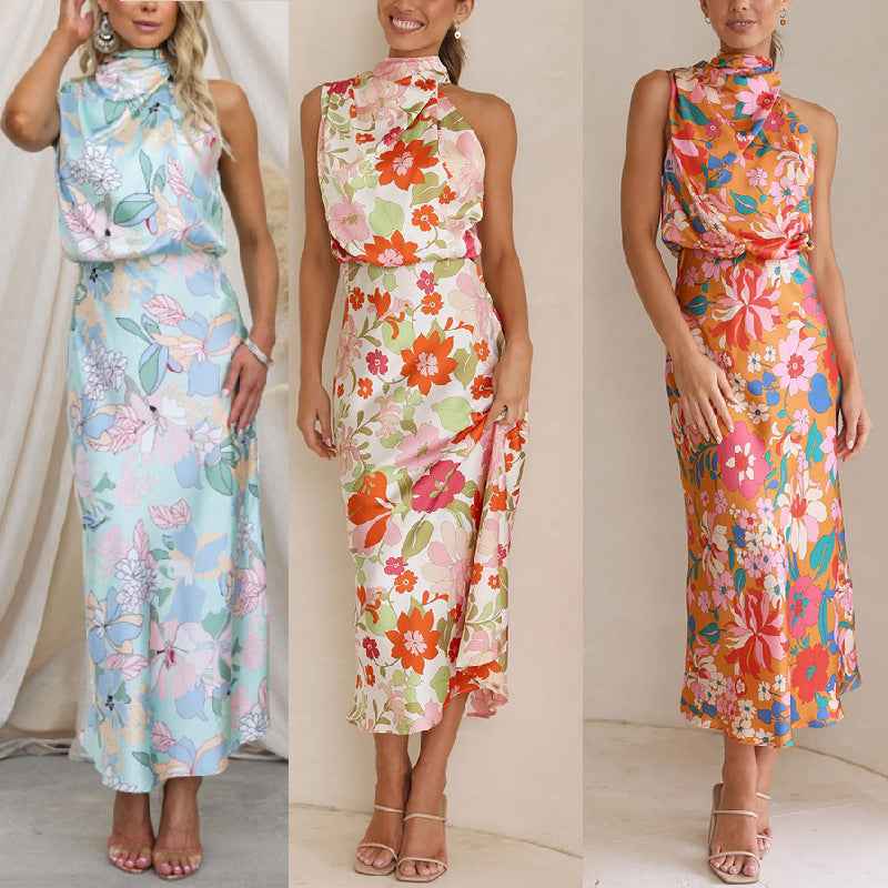 Sleeveless Strap Dress Slim Dress Satin Printing Temperament - -