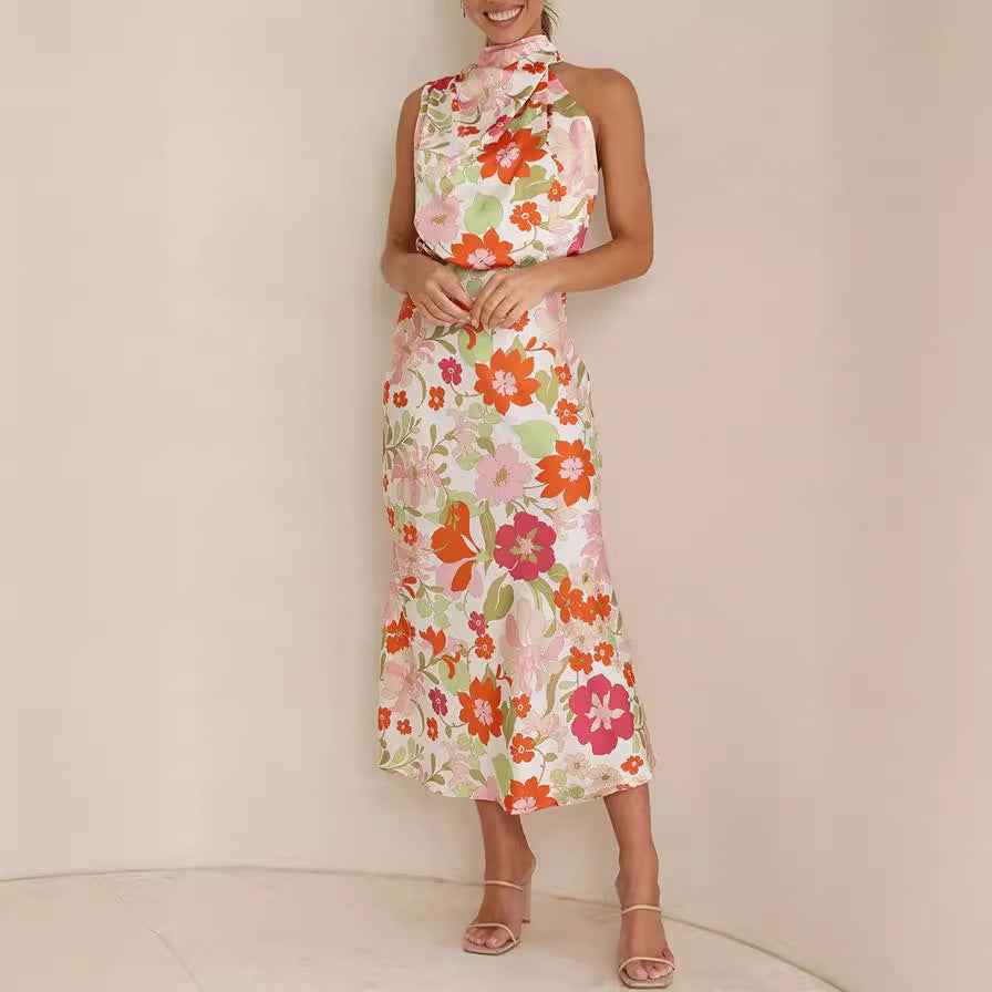 Sleeveless Strap Dress Slim Dress Satin Printing Temperament - -