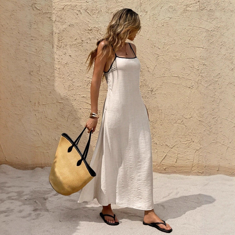 Off-the-shoulder backless solid color suspender strap-up long dress - -