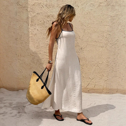 Off-the-shoulder backless solid color suspender strap-up long dress - -