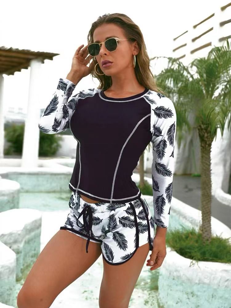 Women's Sun Protection Diving Suit Printed Boxer Long Sleeve Swimsuit UV Protection Swimwear - black leaves -