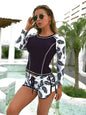 Women's Sun Protection Diving Suit Printed Boxer Long Sleeve Swimsuit UV Protection Swimwear - black leaves -