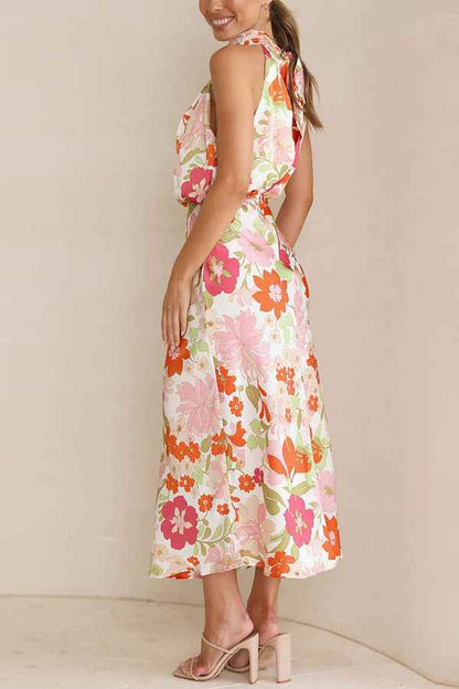 Sleeveless Strap Dress Slim Dress Satin Printing Temperament - -