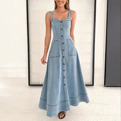 Denim medium and long dress, suspender backless temperament commuter dress - -