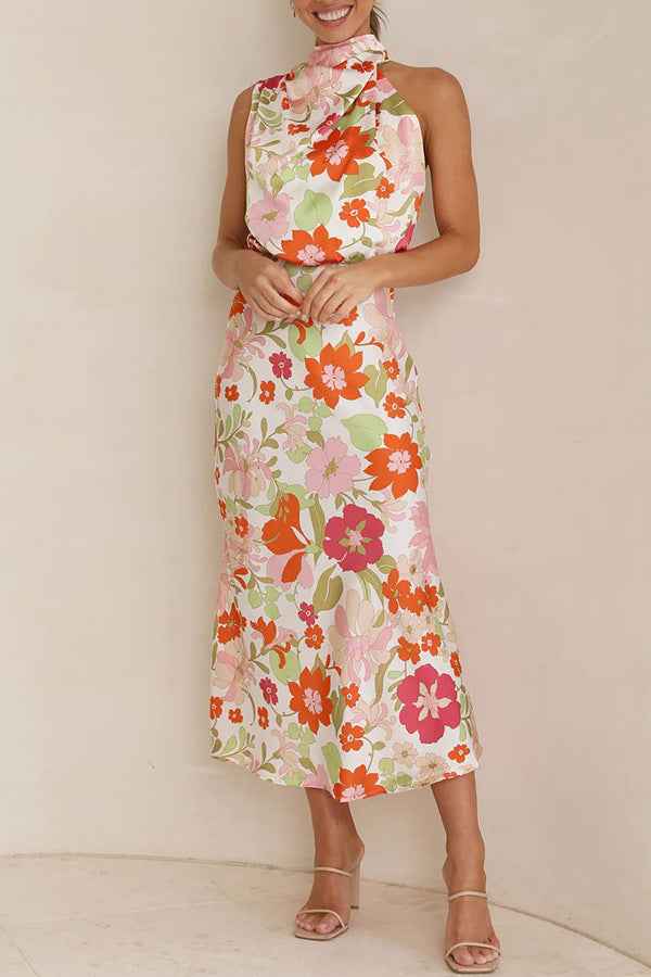 Sleeveless Strap Dress Slim Dress Satin Printing Temperament - White -