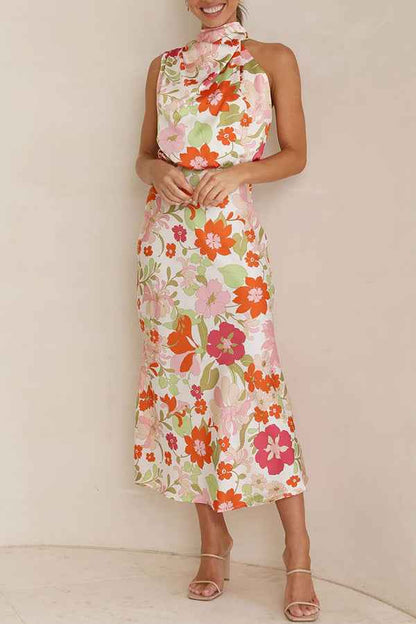 Sleeveless Strap Dress Slim Dress Satin Printing Temperament - White -