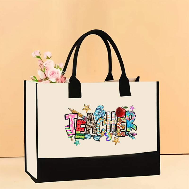 Canvas tote bag, large capacity printed tote bag women's, fashionable waterproof portable shopping bag - Teacher-5 43*13.5*30.5CM -