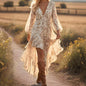Women's Bohemian V-Neck Asymmetrical Hem Printed Long Sleeve Dress - Off-white -