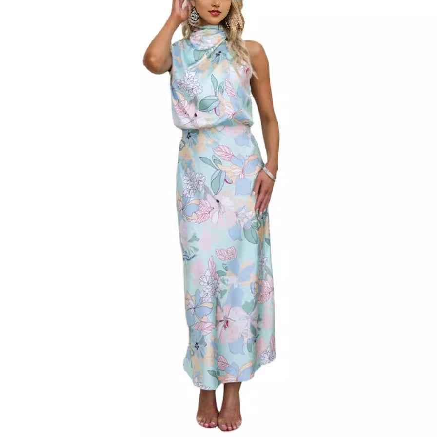 Sleeveless Strap Dress Slim Dress Satin Printing Temperament - -