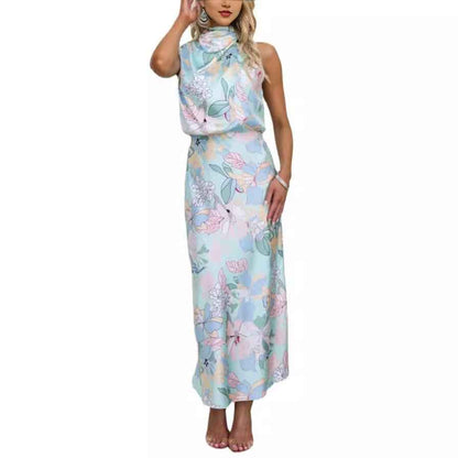 Sleeveless Strap Dress Slim Dress Satin Printing Temperament - -