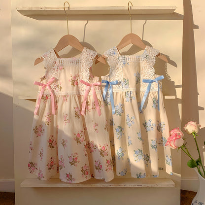Lace-trimmed Bow Girls' Dress-Pink/Blue - - Dress