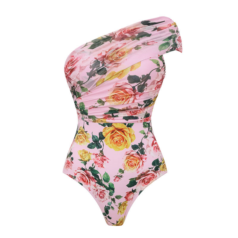 Swimsuit Pink Floral Sweet Seaside Vacation Swimsuit Set Women - One-Shoulder Swimsuit -