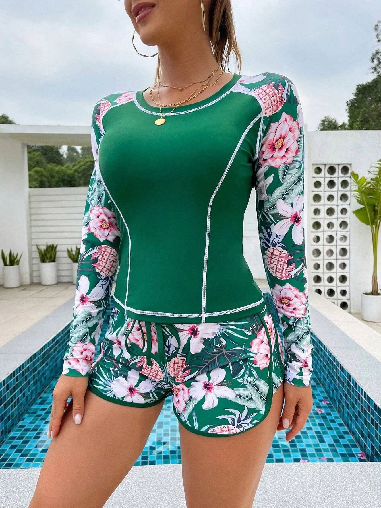 Women's Sun Protection Diving Suit Printed Boxer Long Sleeve Swimsuit UV Protection Swimwear - emerald -