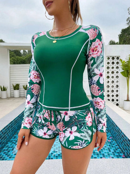 Women's Sun Protection Diving Suit Printed Boxer Long Sleeve Swimsuit UV Protection Swimwear - emerald -
