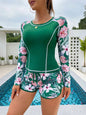 Women's Sun Protection Diving Suit Printed Boxer Long Sleeve Swimsuit UV Protection Swimwear - emerald -
