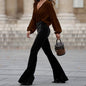 Women Clothing Autumn Winter High Sense Velvet Flared Pants Casual Bootcut Trousers - Black -